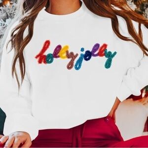 BNWT Ladies Christmas “Holly Jolly” Multi Coloured Cursive Writing Sweatshirt
